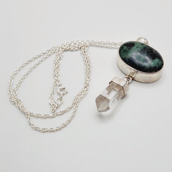 Black Green Zoisite Crystal Druzy Drop Boho 925 Sterling Silver Necklace - Picture 3 of 7